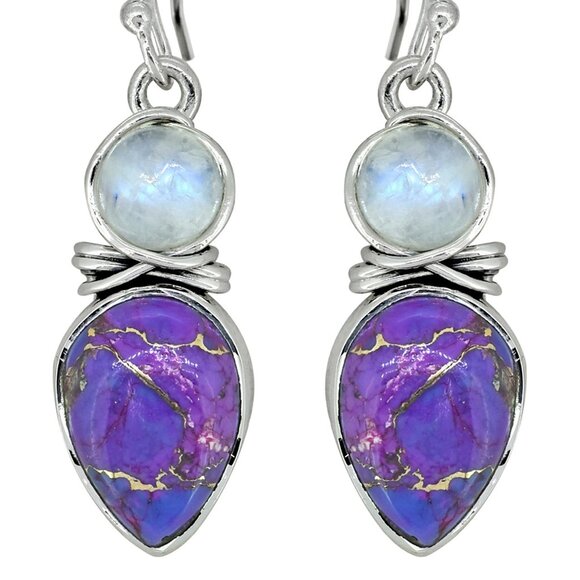 Nitya - Sterling Silver Purple Copper Turquoise Rainbow Moonstone Earring - Picture 1 of 5